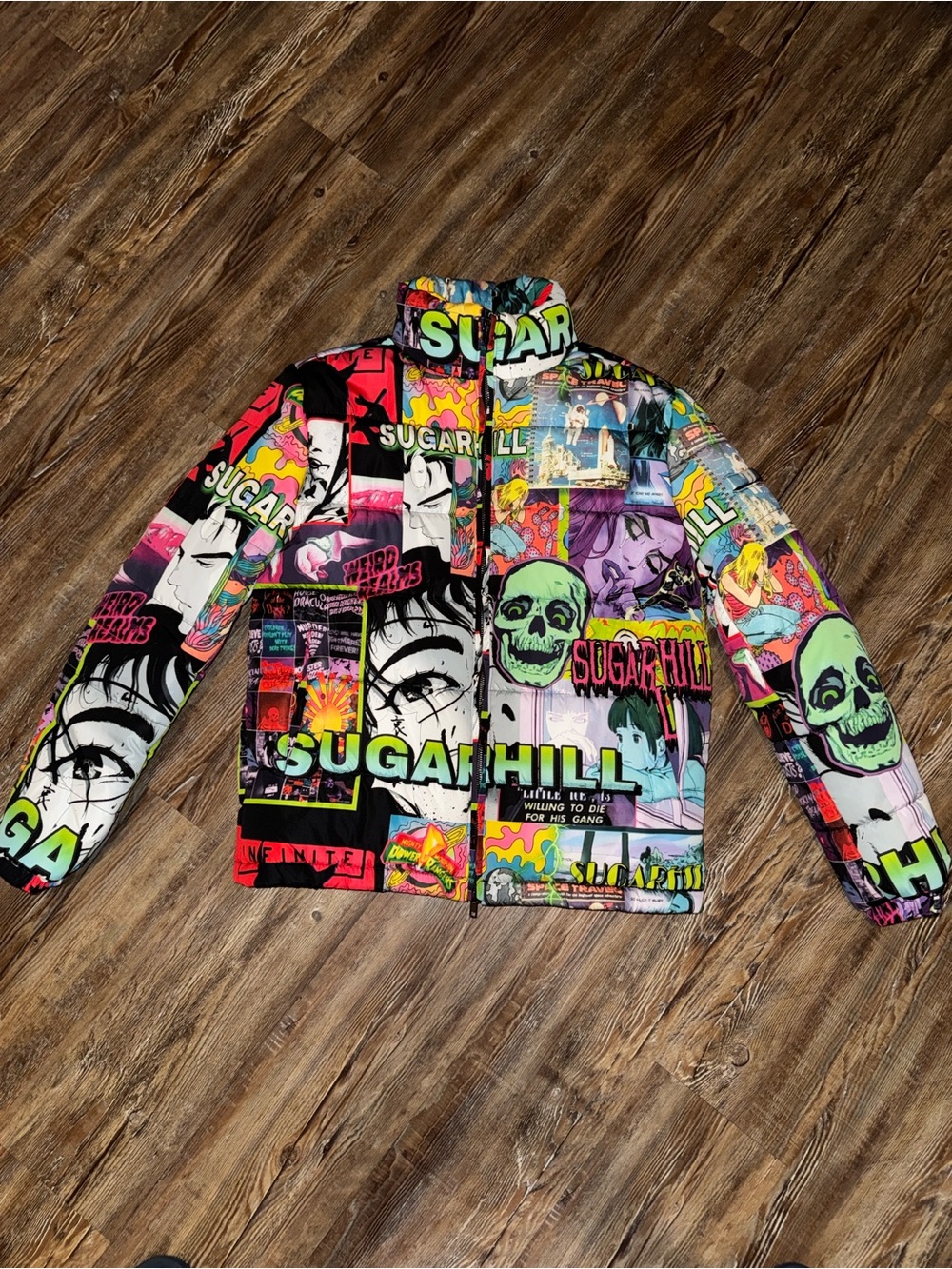 Graphic Multicolor Puffer Jacket - Bold Comic Print